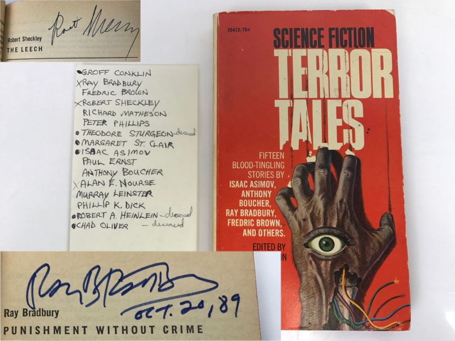 Signed Paperback Book Science Fiction Terror Tales Pocket Books (Signed By Ray Bradbury, Robert Sheckley And Alan E. Nourse)