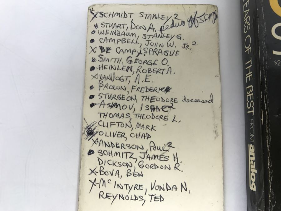 Signed Paperback Book Fifty Years Of The Best Science Fiction From Analog (Signed By Stanley Schmidt, L. Sprague De Camp, A. E. Van Vogt, Poul Anderson, Ben Bova And Vonda N. McIntrye) [Photo 3]