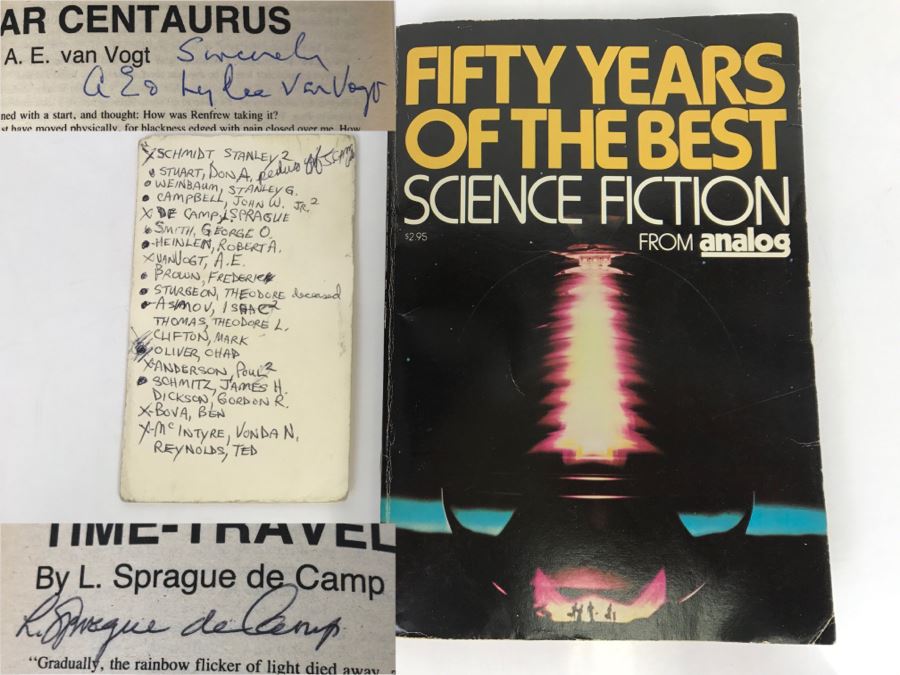 Signed Paperback Book Fifty Years Of The Best Science Fiction From Analog (Signed By Stanley Schmidt, L. Sprague De Camp, A. E. Van Vogt, Poul Anderson, Ben Bova And Vonda N. McIntrye)