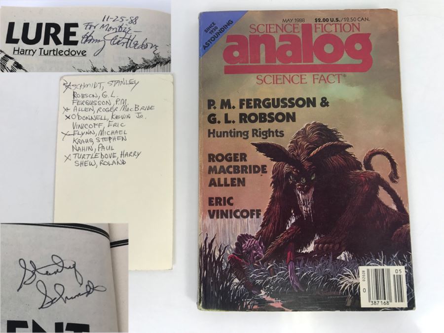 Signed Paperback Analog Science Fiction Science Fact May 1988 (Signed By Stanley Schmidt, Roger MacBride Allen, Kevin O'Donnell Jr., Michael F. Flynn And Harry Turtledove)