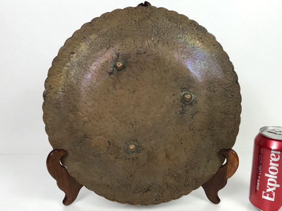 Large Vintage Middle Eastern Hand Hammered Copper Footed Charger Plate