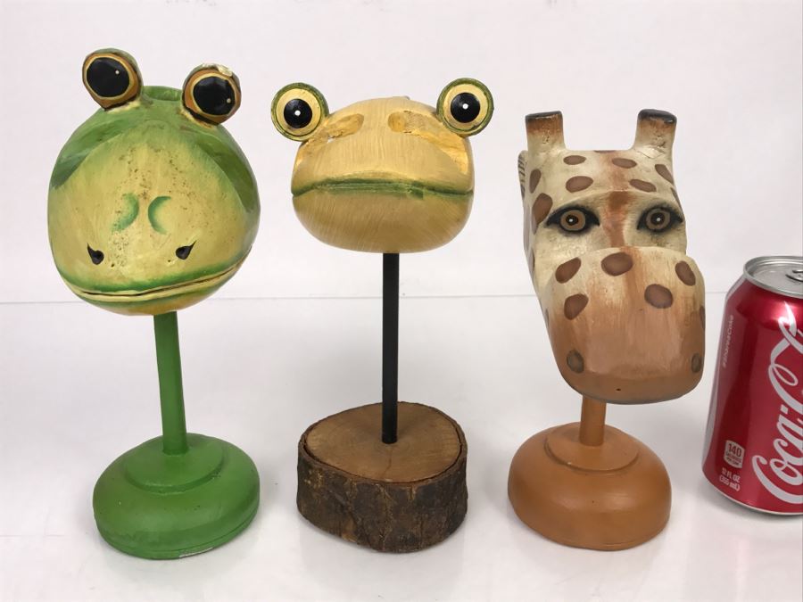 Set Of (3) Indonesian Animal Heads Frog Giraffe Fish [Photo 19]