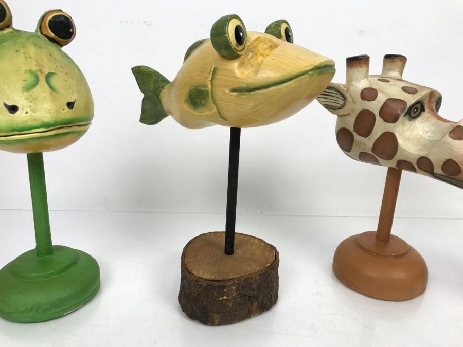 Set Of (3) Indonesian Animal Heads Frog Giraffe Fish [Photo 4]