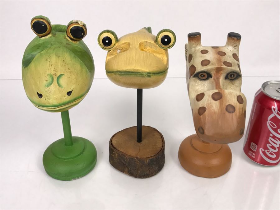 Set Of (3) Indonesian Animal Heads Frog Giraffe Fish [Photo 20]