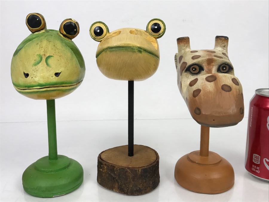 Set Of (3) Indonesian Animal Heads Frog Giraffe Fish [Photo 17]