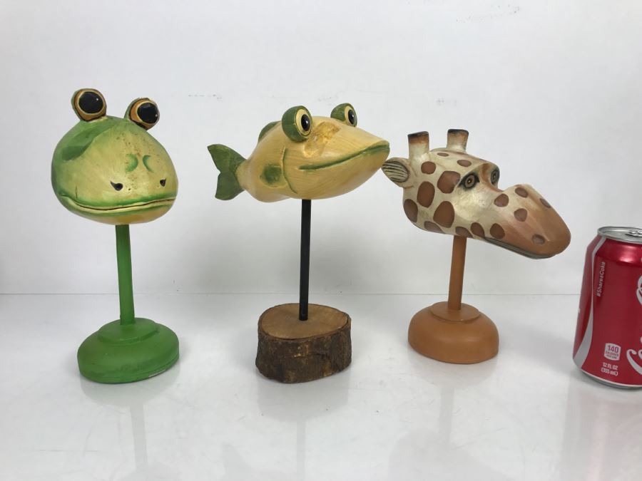 Set Of (3) Indonesian Animal Heads Frog Giraffe Fish [Photo 1]