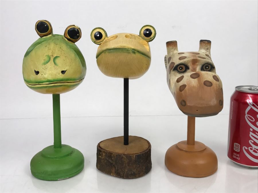Set Of (3) Indonesian Animal Heads Frog Giraffe Fish [Photo 18]