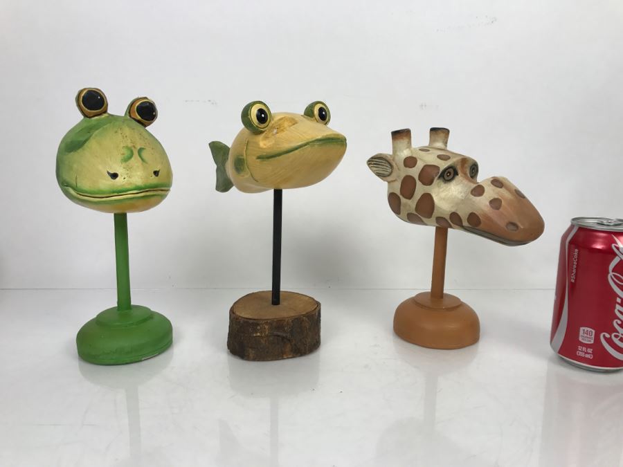 Set Of (3) Indonesian Animal Heads Frog Giraffe Fish [Photo 21]