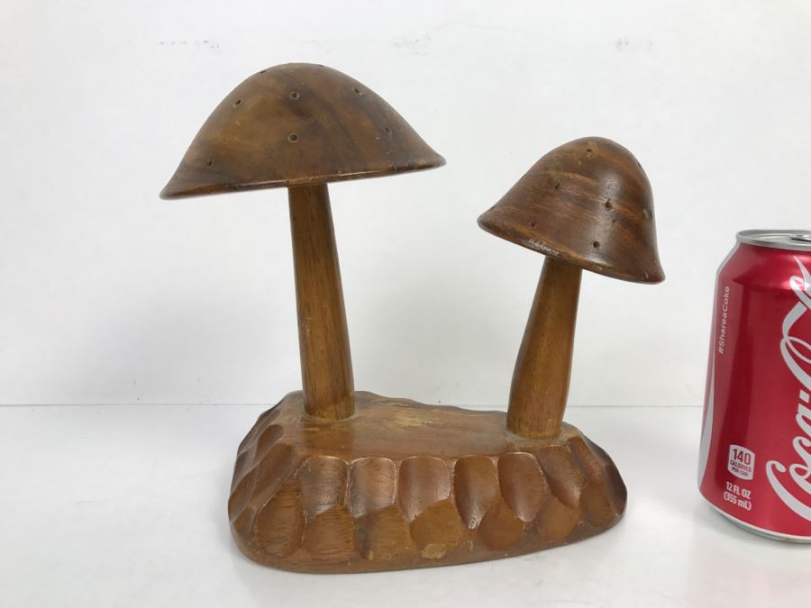 Mid-Century Mushroom Hors D'oeuvres Appetizer Toothpick Server Wood Holder Stand