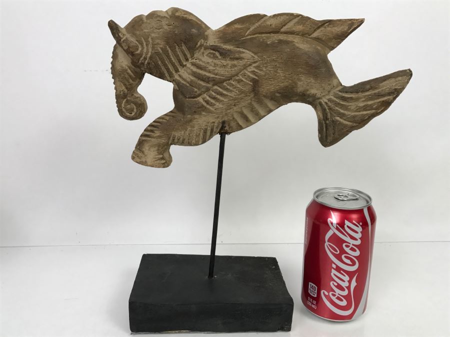 Wooden Carving Of Hybrid Horse Fish Seahorse Sculpture On Display Stand