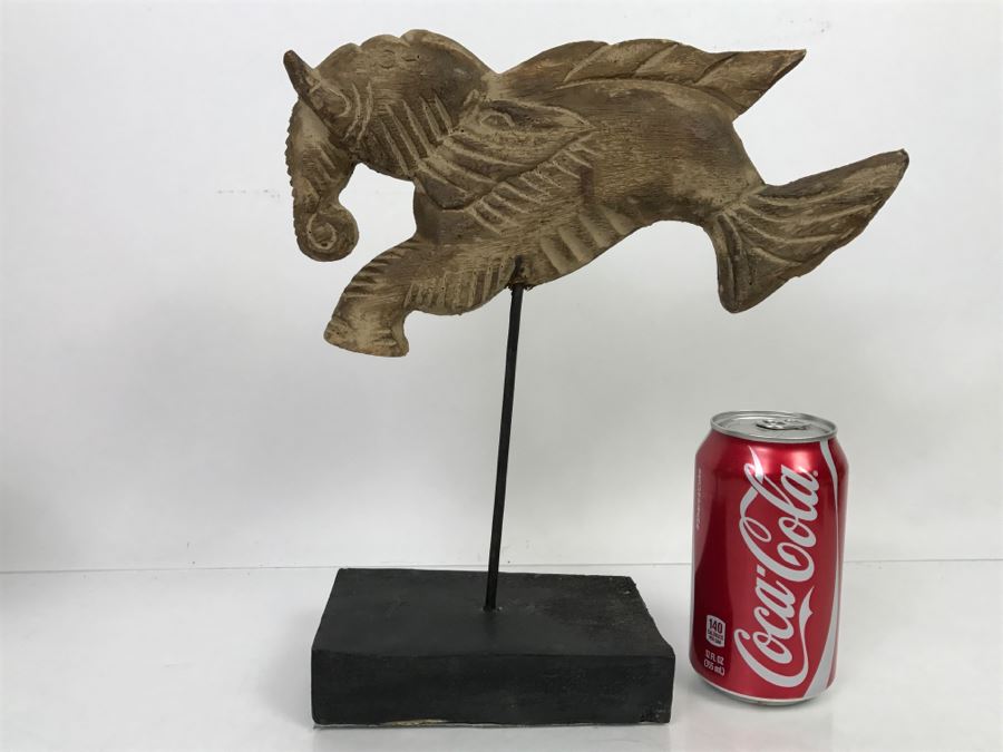 Wooden Carving Of Hybrid Horse Fish Seahorse Sculpture On Display Stand [Photo 2]