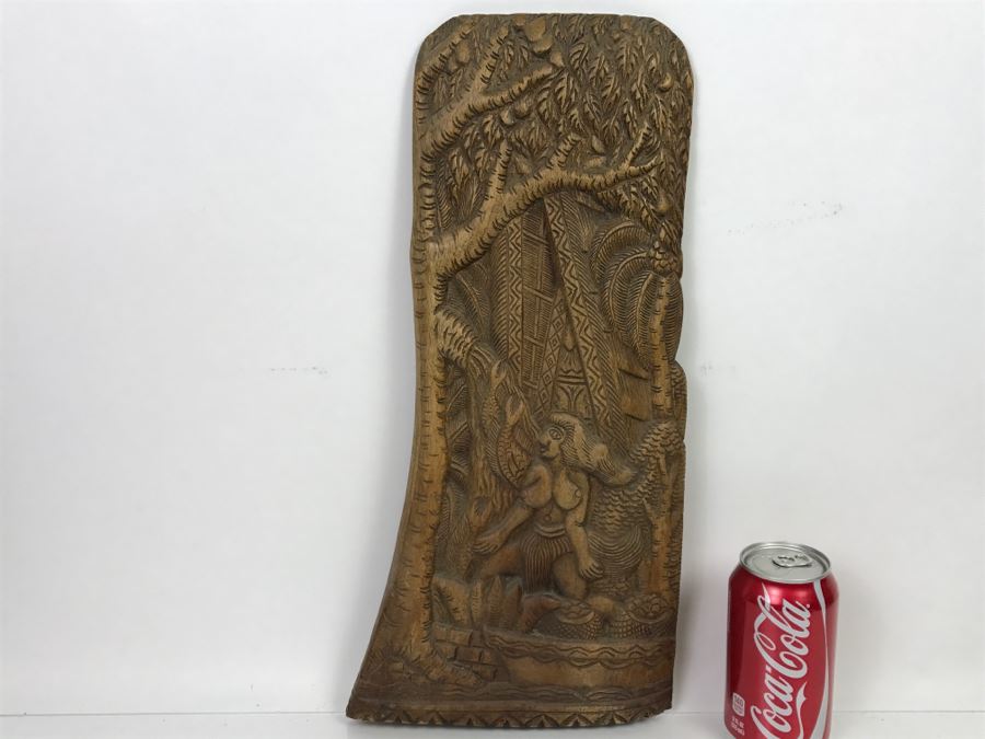 Vintage Wood Carving Depicting Woman By Boat