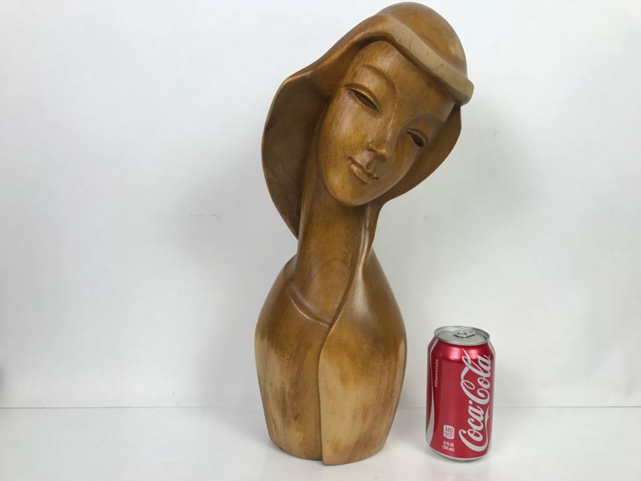 Large Hand Carved Wooden Female Bust Sculpture [Photo 1]