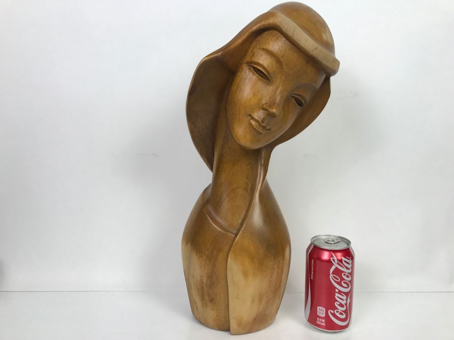 Large Hand Carved Wooden Female Bust Sculpture [Photo 2]