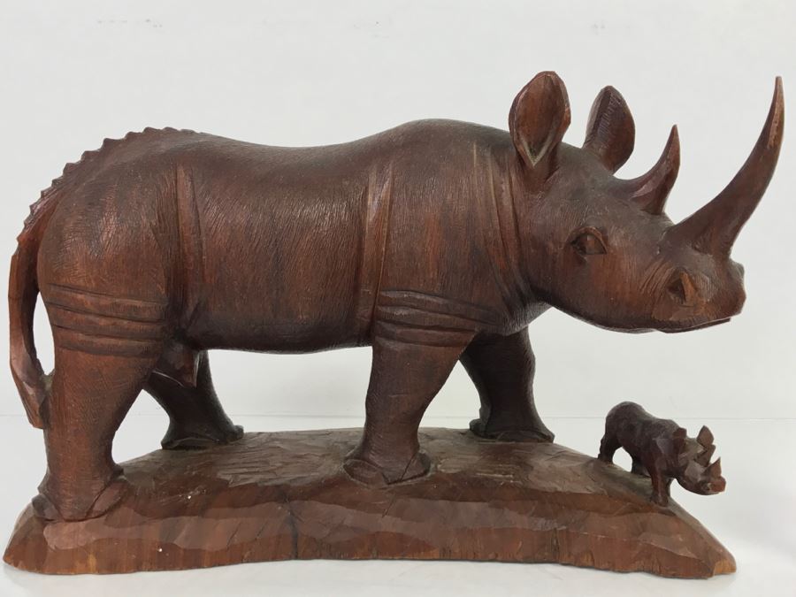 Stunning Large Well Executed Wooden Carving Of Rhinoceros With Cub Hand Carved In Kenya Africa Must See In Person See All Photos [Photo 3]