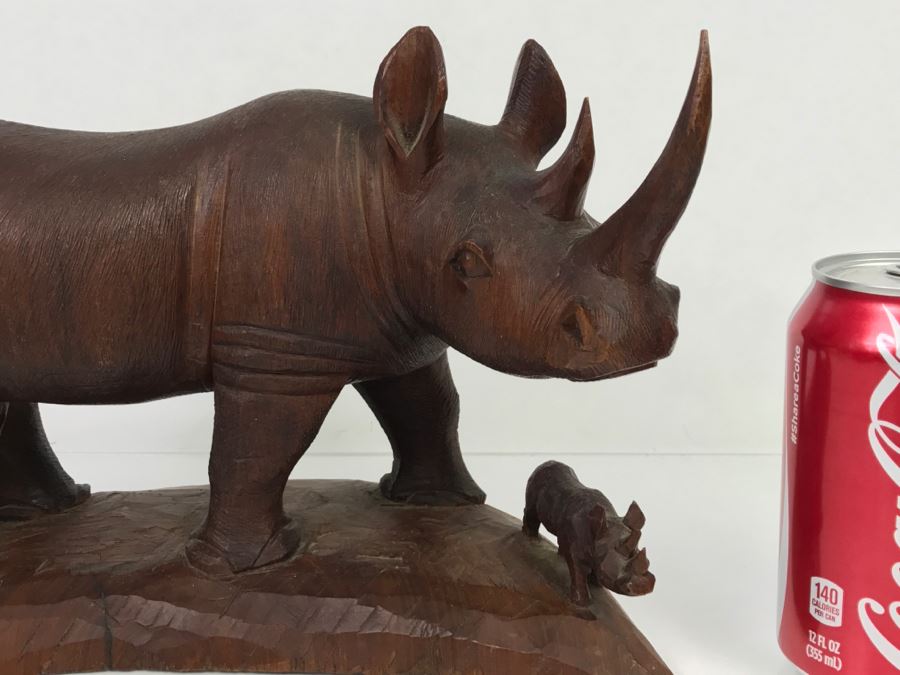 Stunning Large Well Executed Wooden Carving Of Rhinoceros With Cub Hand Carved In Kenya Africa Must See In Person See All Photos [Photo 4]