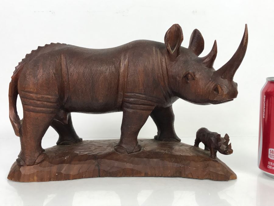 Stunning Large Well Executed Wooden Carving Of Rhinoceros With Cub Hand Carved In Kenya Africa Must See In Person See All Photos [Photo 1]