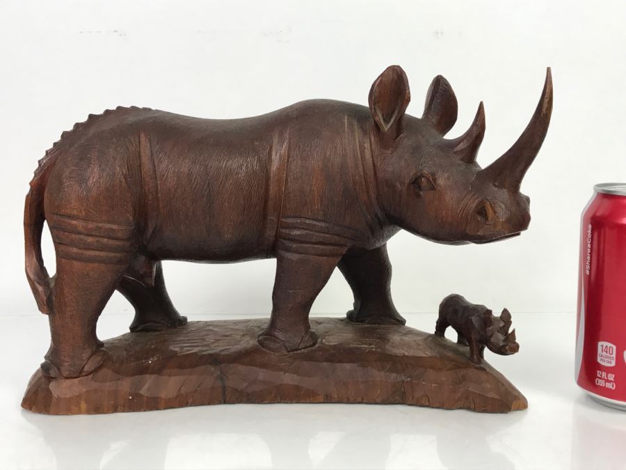 Stunning Large Well Executed Wooden Carving Of Rhinoceros With Cub Hand Carved In Kenya Africa Must See In Person See All Photos [Photo 2]