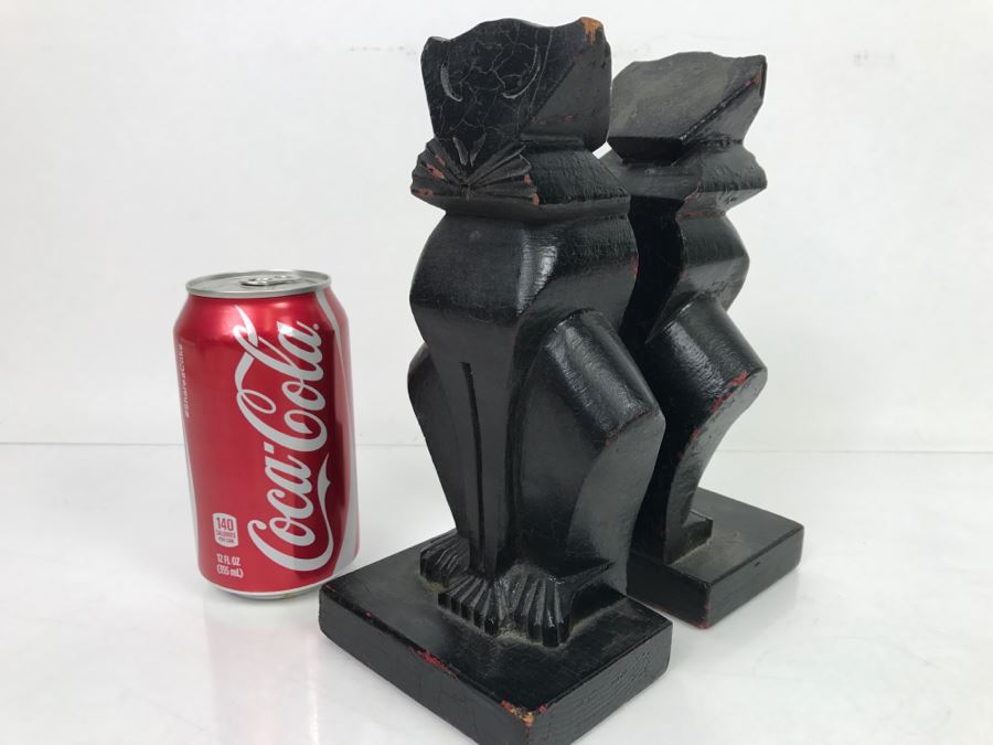 Pair Of Vintage Wooden Carved Black Cat Bookends [Photo 2]