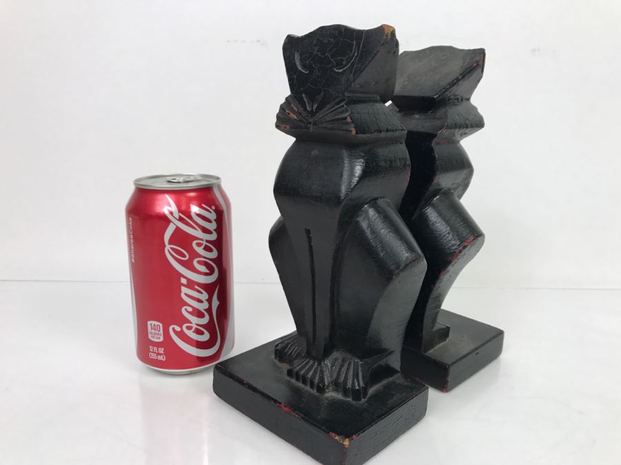 Pair Of Vintage Wooden Carved Black Cat Bookends [Photo 1]