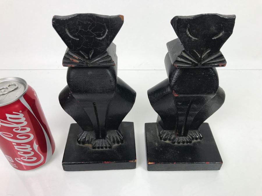 Pair Of Vintage Wooden Carved Black Cat Bookends [Photo 7]