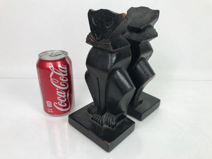 Pair Of Vintage Wooden Carved Black Cat Bookends [Photo 4]