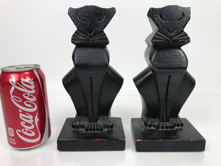Pair Of Vintage Wooden Carved Black Cat Bookends [Photo 3]