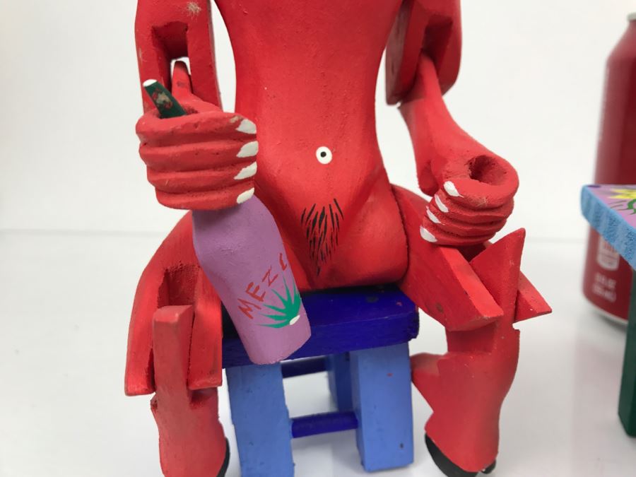 Oaxacan Folk Art Hand Crafted And Painted Tilcatete, Oaxaca Mexico By Joaquin Hernandez Vasquez (Total Of 4 Characters And Table) [Photo 4]