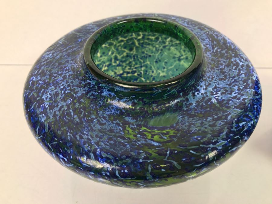 Vintage 1997 Signed Pair Of Blue Art Glass Vases [Photo 10]