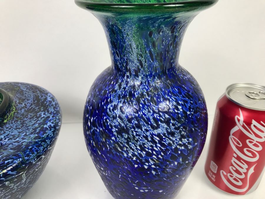 Vintage 1997 Signed Pair Of Blue Art Glass Vases [Photo 6]