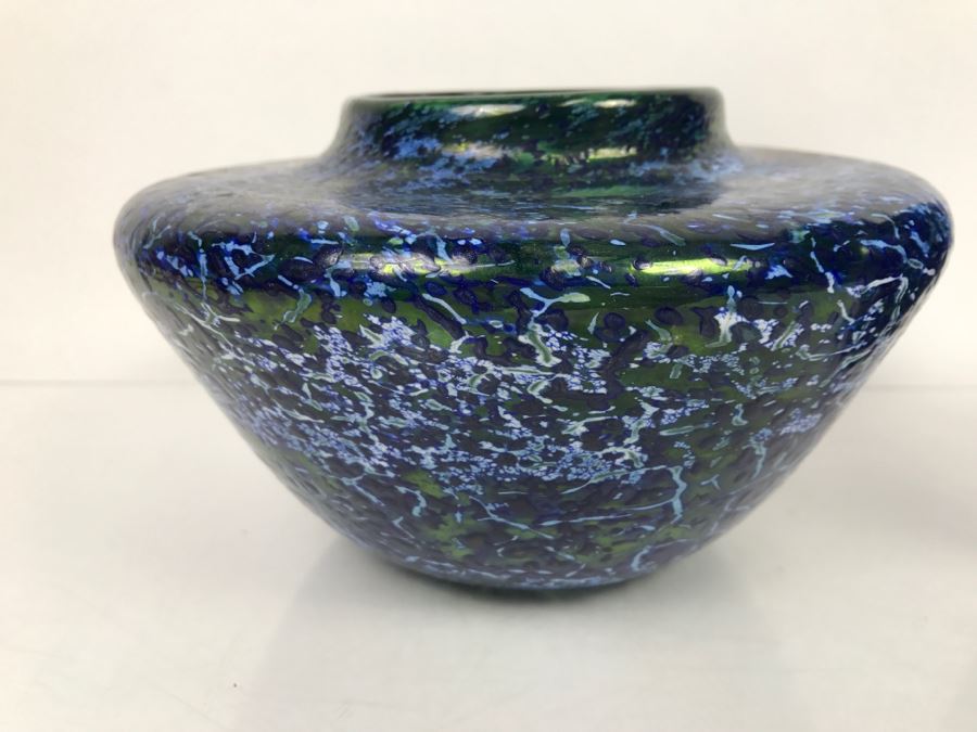 Vintage 1997 Signed Pair Of Blue Art Glass Vases [Photo 8]