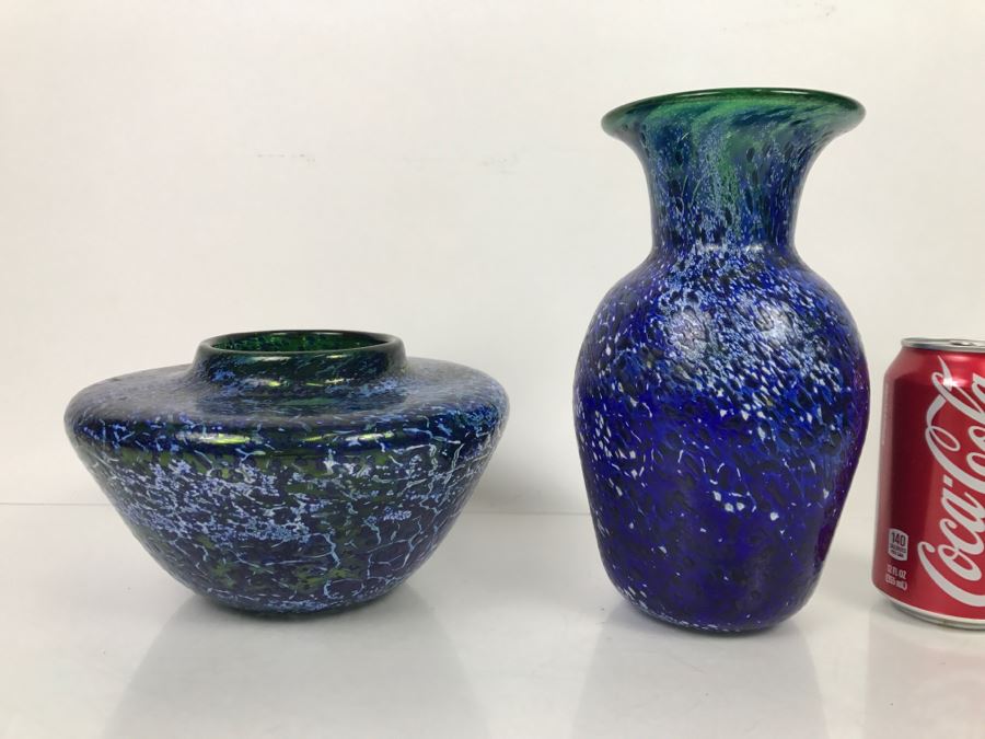 Vintage 1997 Signed Pair Of Blue Art Glass Vases [Photo 1]
