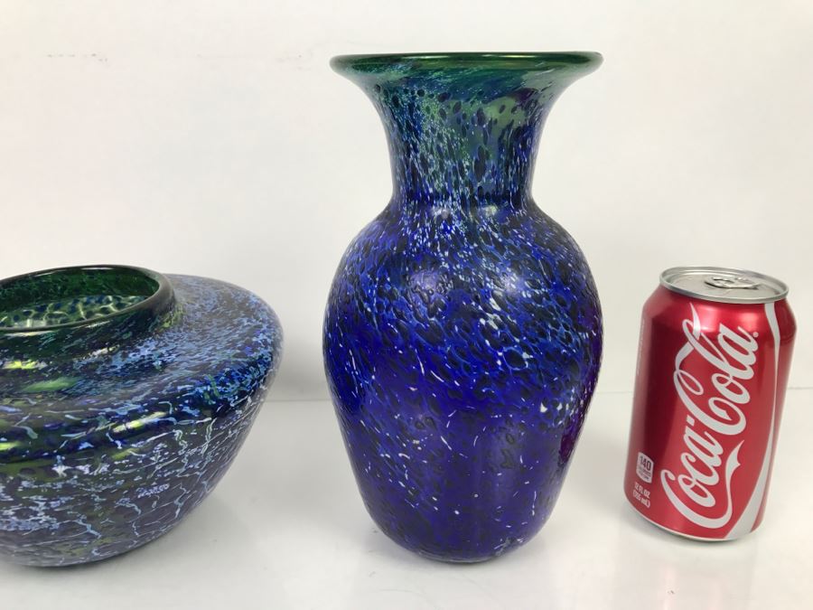 Vintage 1997 Signed Pair Of Blue Art Glass Vases [Photo 11]