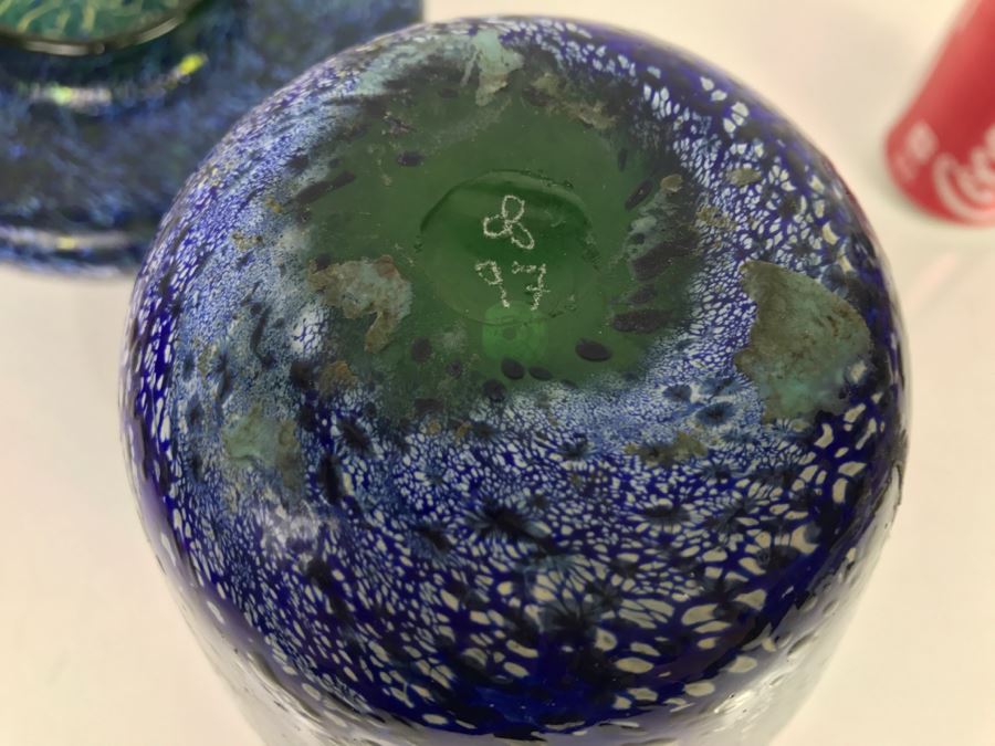 Vintage 1997 Signed Pair Of Blue Art Glass Vases [Photo 2]