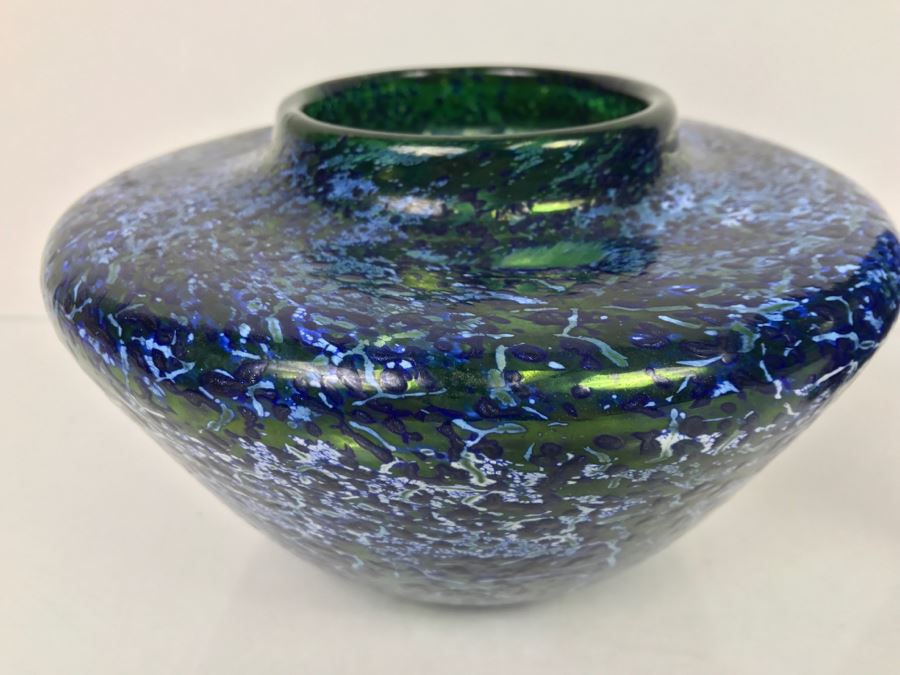 Vintage 1997 Signed Pair Of Blue Art Glass Vases [Photo 9]