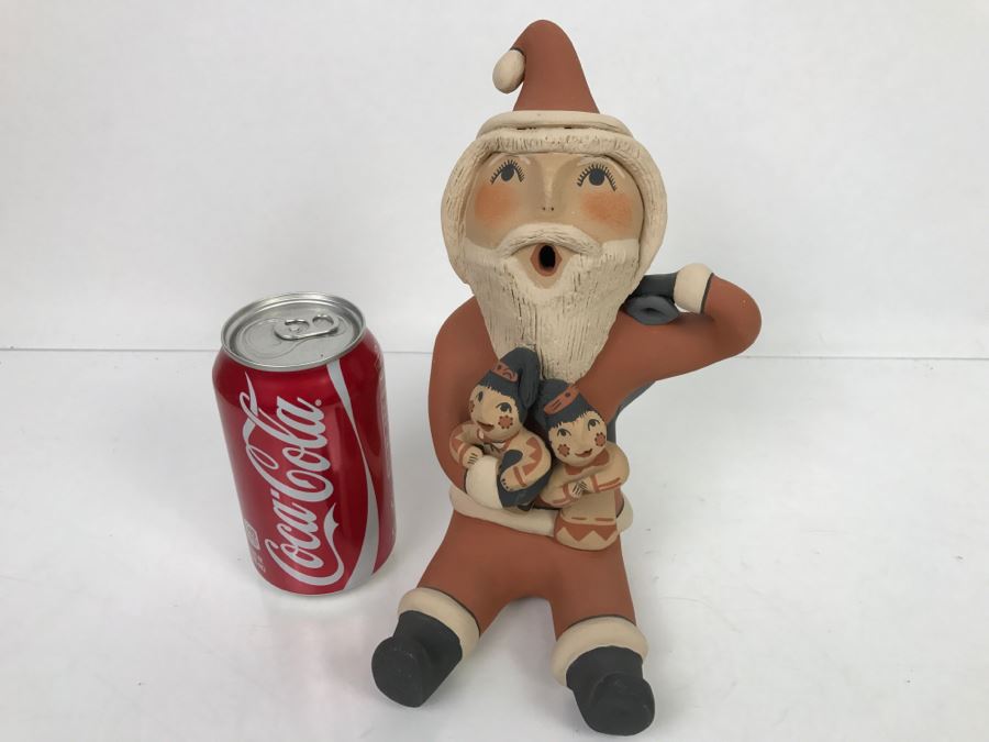Signed E. Fragua Tsosie Jemez Pueblo American Indian Pottery Santa Claus Storyteller With 2 Children [Photo 3]