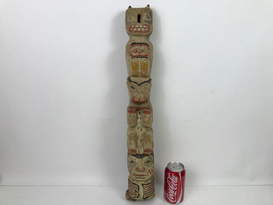 Old Carved Wooden Hand Painted Totem Pole Appears To Be From Pacific Northwest