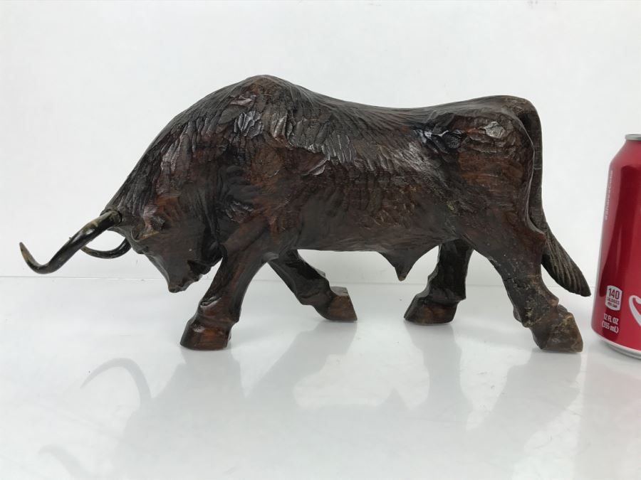Vintage Wooden Carved Bull Sculpture