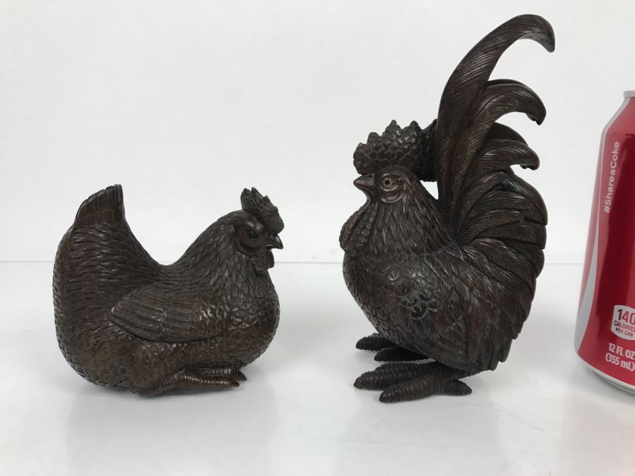 Pair Of Well Executed Wood Carving Sculptures Of A Rooster And Hen (See Photos) [Photo 2]