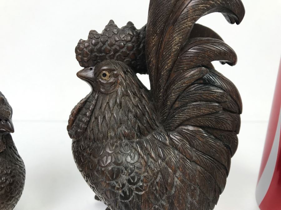 Pair Of Well Executed Wood Carving Sculptures Of A Rooster And Hen (See Photos) [Photo 4]