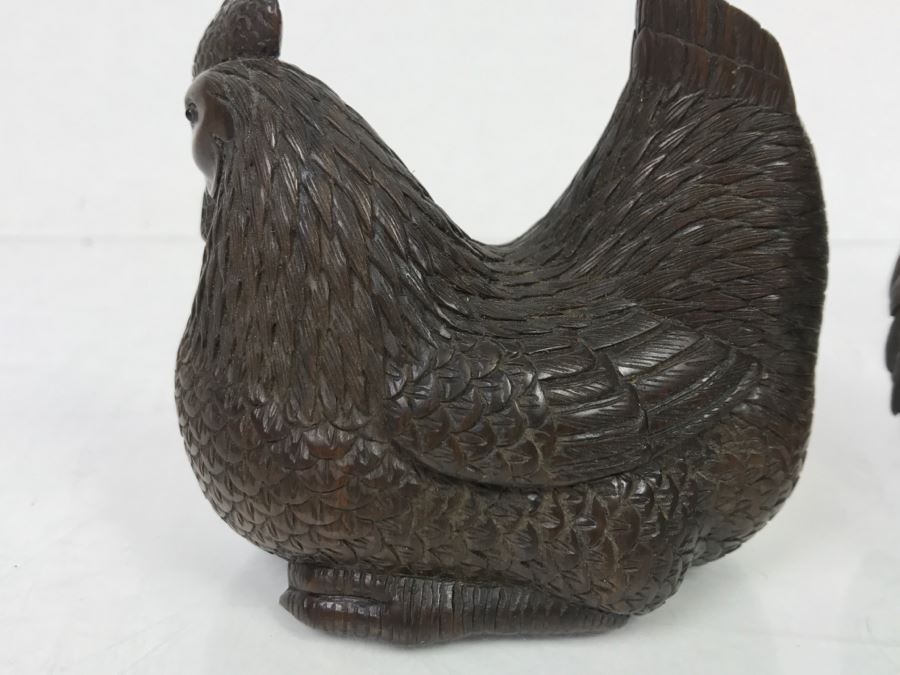 Pair Of Well Executed Wood Carving Sculptures Of A Rooster And Hen (See Photos) [Photo 19]
