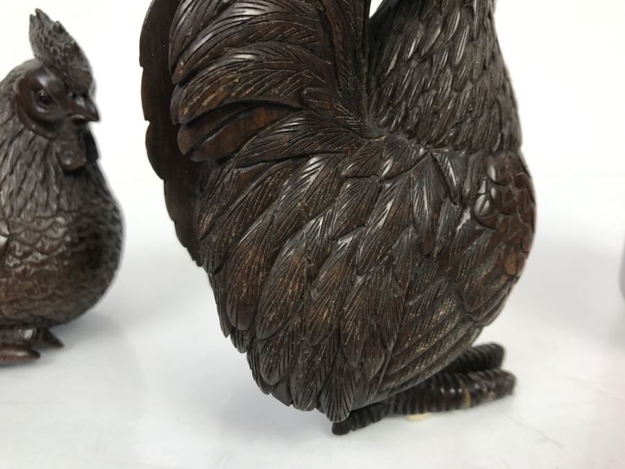 Pair Of Well Executed Wood Carving Sculptures Of A Rooster And Hen (See Photos) [Photo 9]