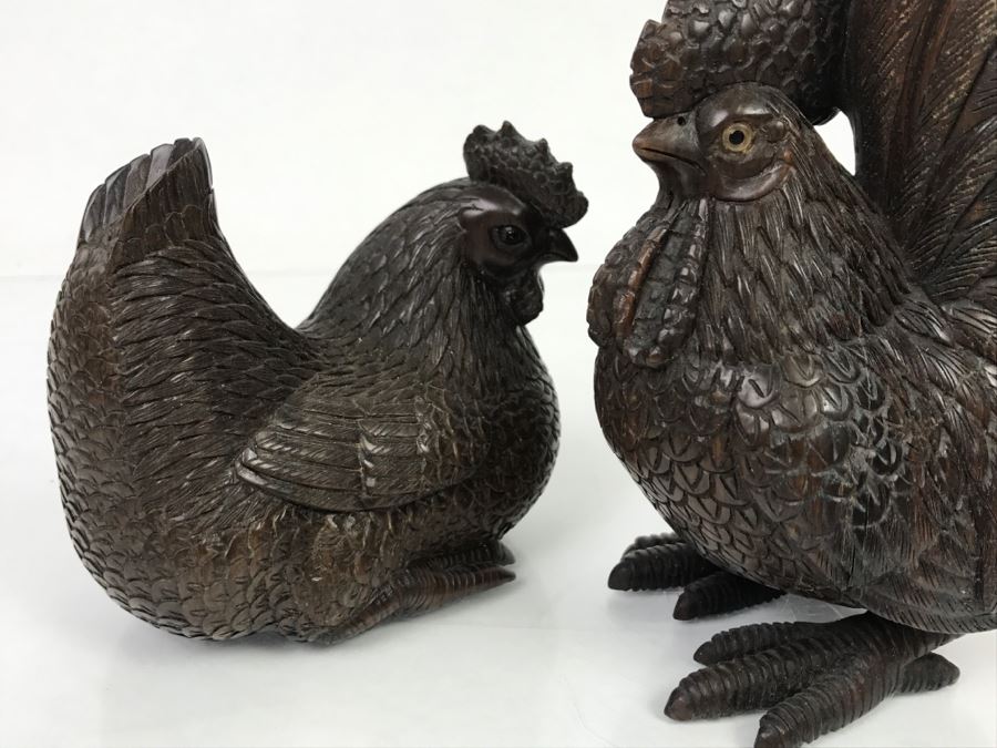 Pair Of Well Executed Wood Carving Sculptures Of A Rooster And Hen (See Photos) [Photo 26]