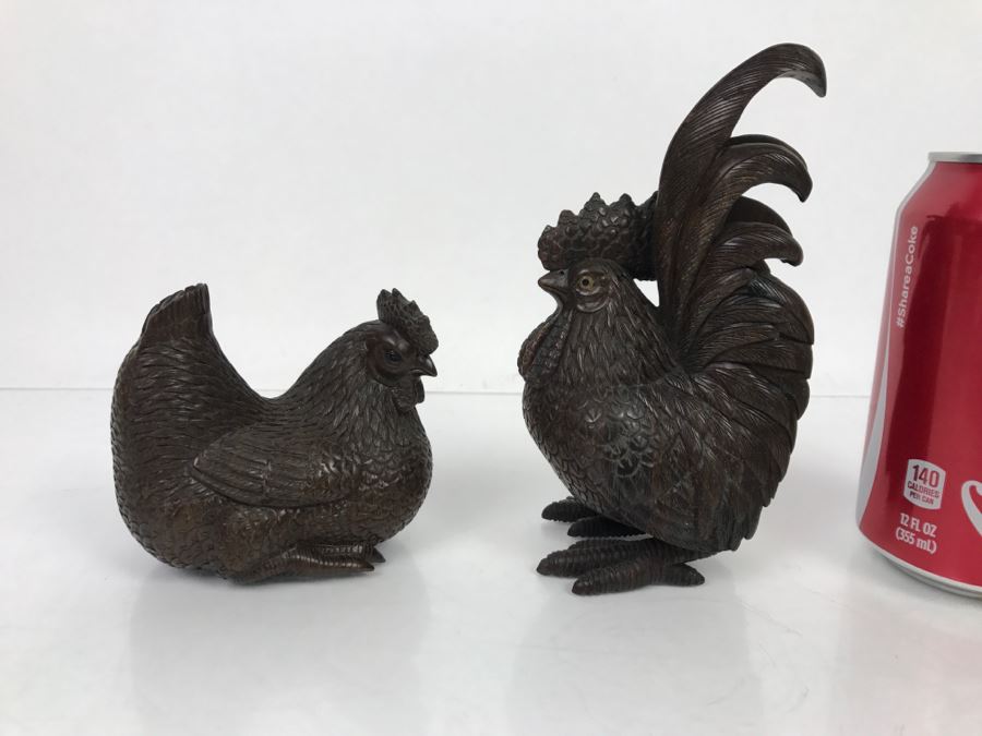 Pair Of Well Executed Wood Carving Sculptures Of A Rooster And Hen (See Photos) [Photo 1]