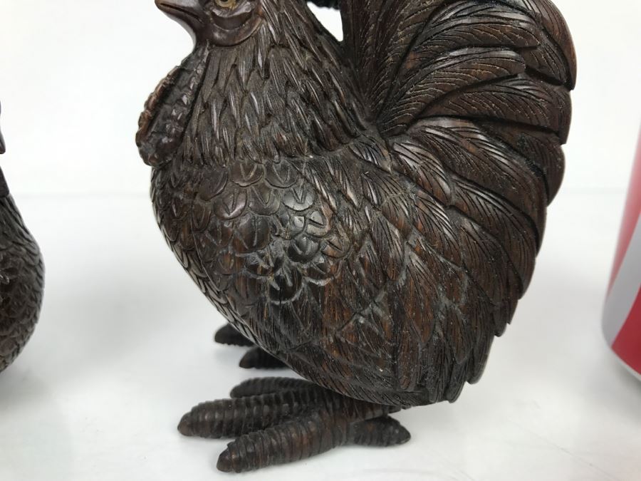 Pair Of Well Executed Wood Carving Sculptures Of A Rooster And Hen (See Photos) [Photo 5]
