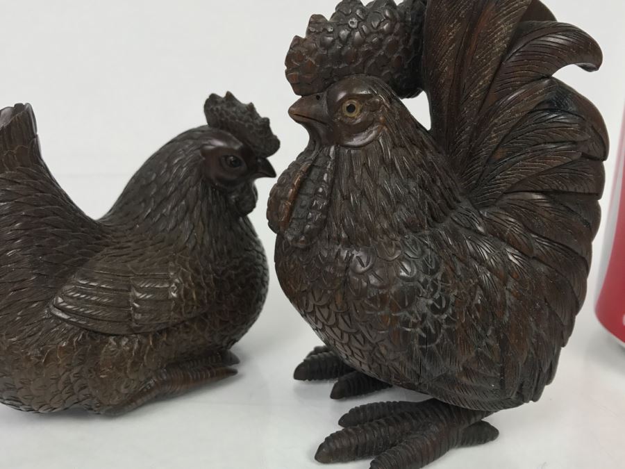 Pair Of Well Executed Wood Carving Sculptures Of A Rooster And Hen (See Photos) [Photo 25]
