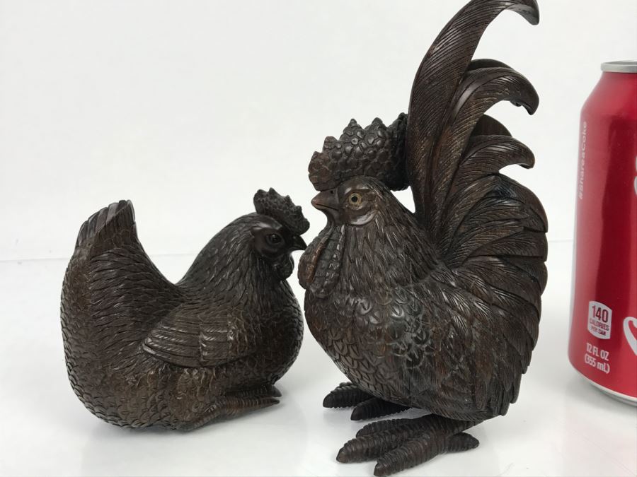 Pair Of Well Executed Wood Carving Sculptures Of A Rooster And Hen (See Photos) [Photo 27]