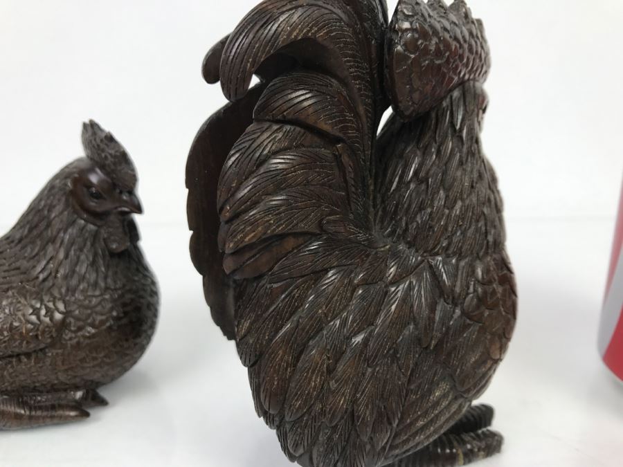 Pair Of Well Executed Wood Carving Sculptures Of A Rooster And Hen (See Photos) [Photo 8]