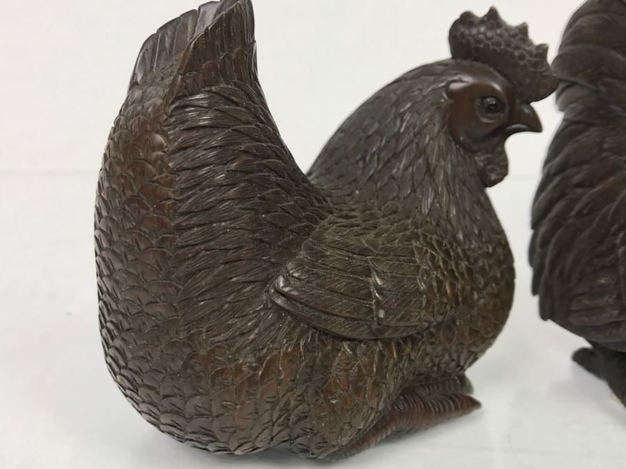 Pair Of Well Executed Wood Carving Sculptures Of A Rooster And Hen (See Photos) [Photo 21]