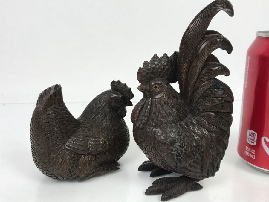 Pair Of Well Executed Wood Carving Sculptures Of A Rooster And Hen (See Photos) [Photo 23]